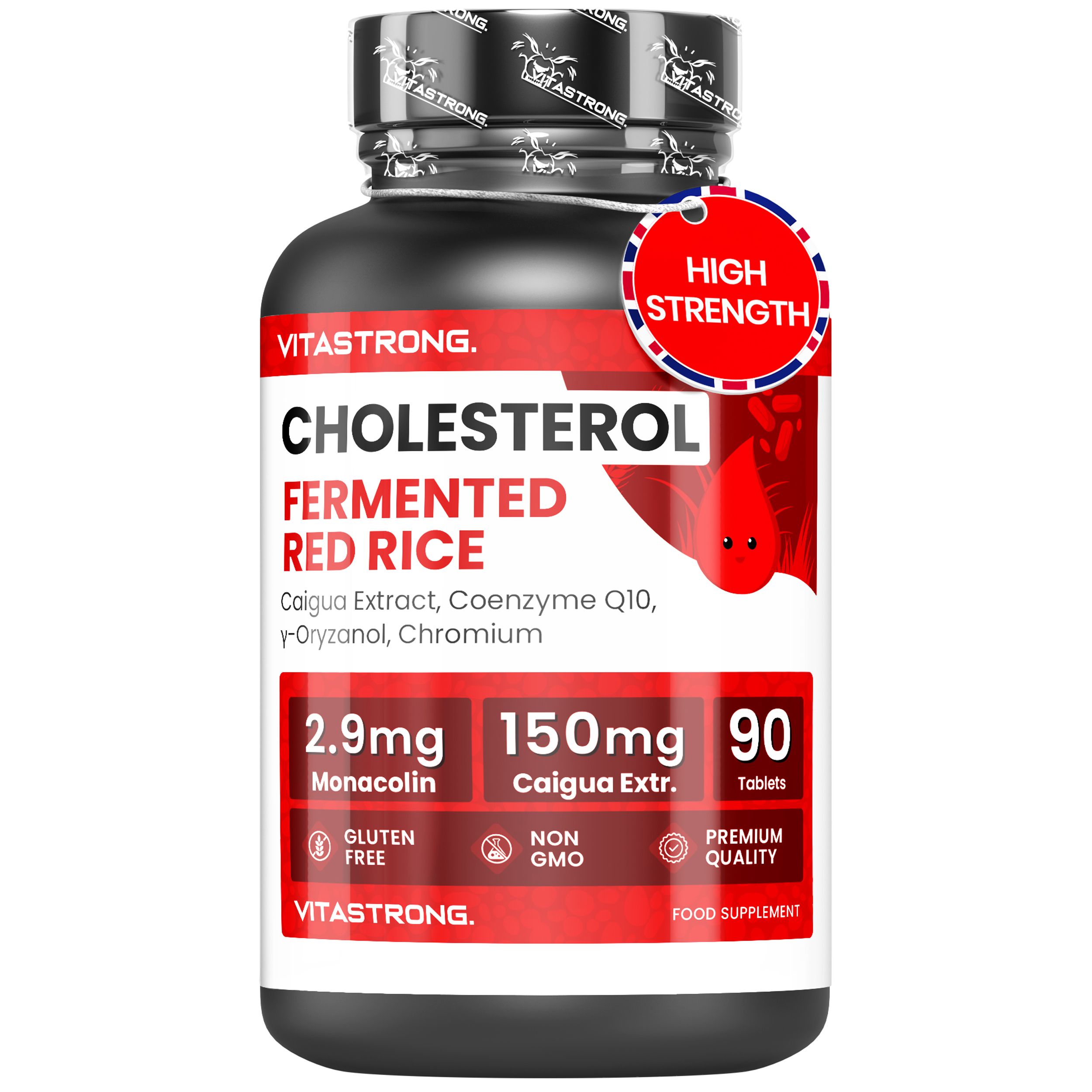 Vitastrong Cholesterin, 90 Tabletten. Schwarze Flasche mit rotem Etikett. Enthält 2,9mg Monacolin und 150mg Caigua Extr.