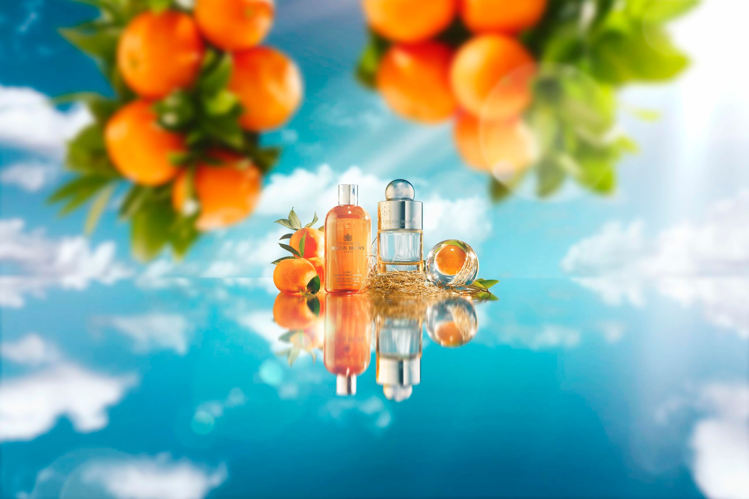 Zwei Flakons und eine Kugel auf einer reflektierenden Oberfläche. Orangen und Blätter im Hintergrund.