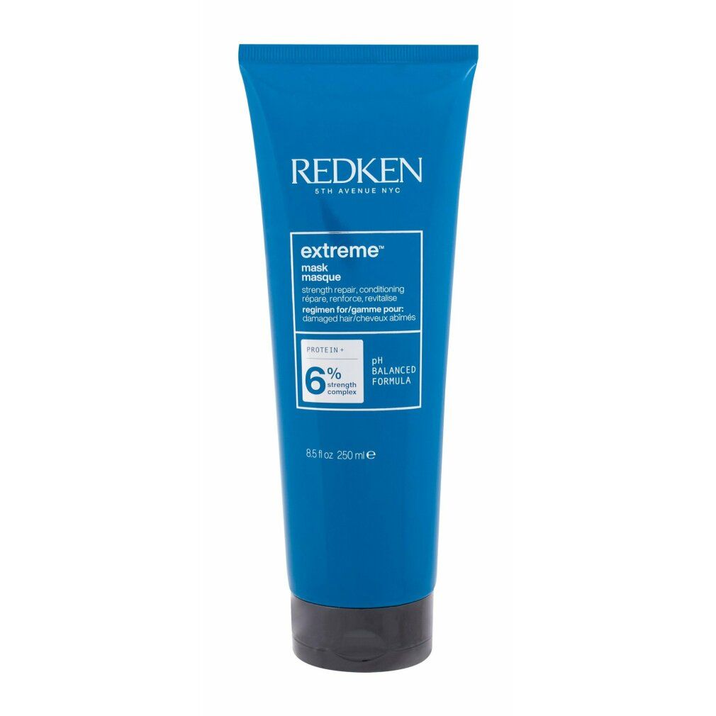 Blaue Tube mit schwarzem Deckel. Aufschrift: Redken, extreme mask. Enthält 250 ml.