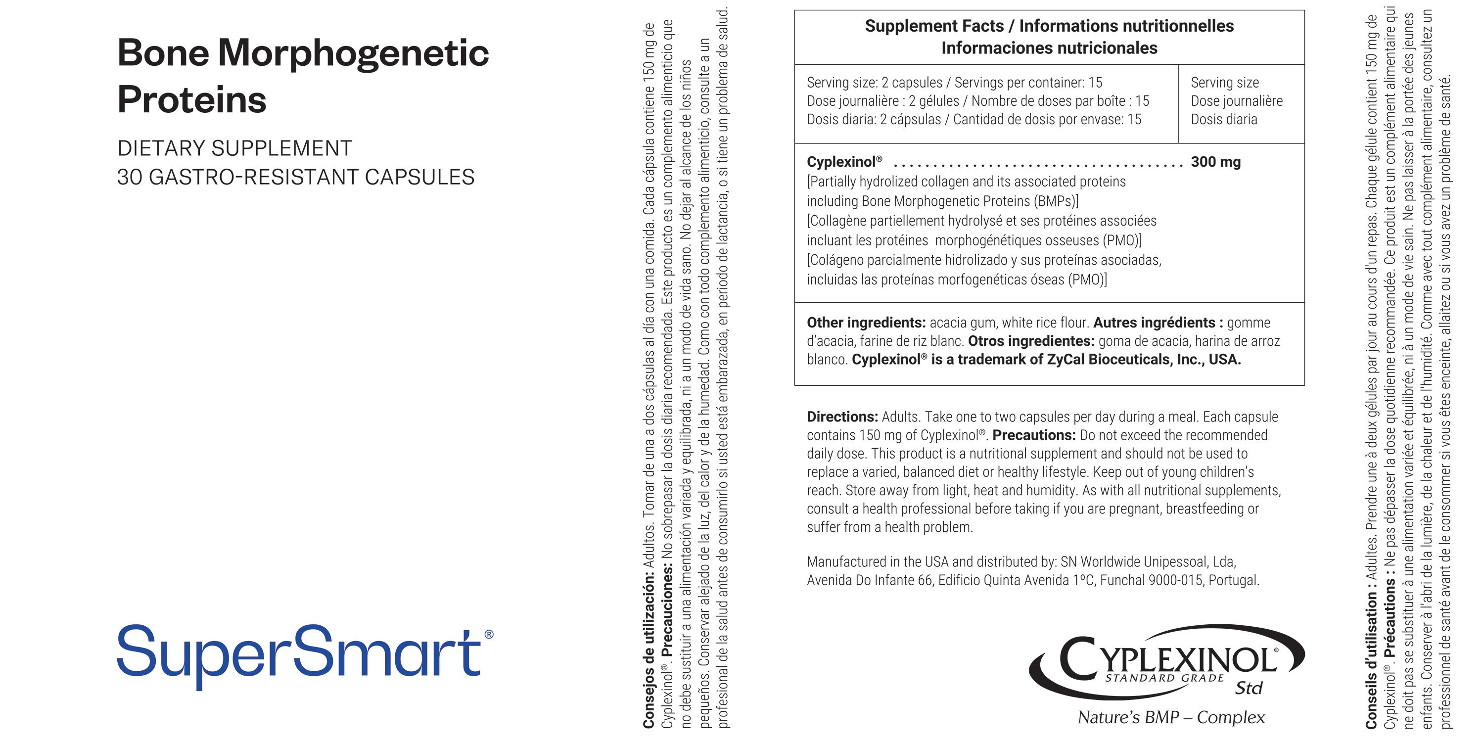 Produktetikett mit Text: "Bone Morphogenetic Proteins". Marke: SuperSmart. Enthält 30 Kapseln.
