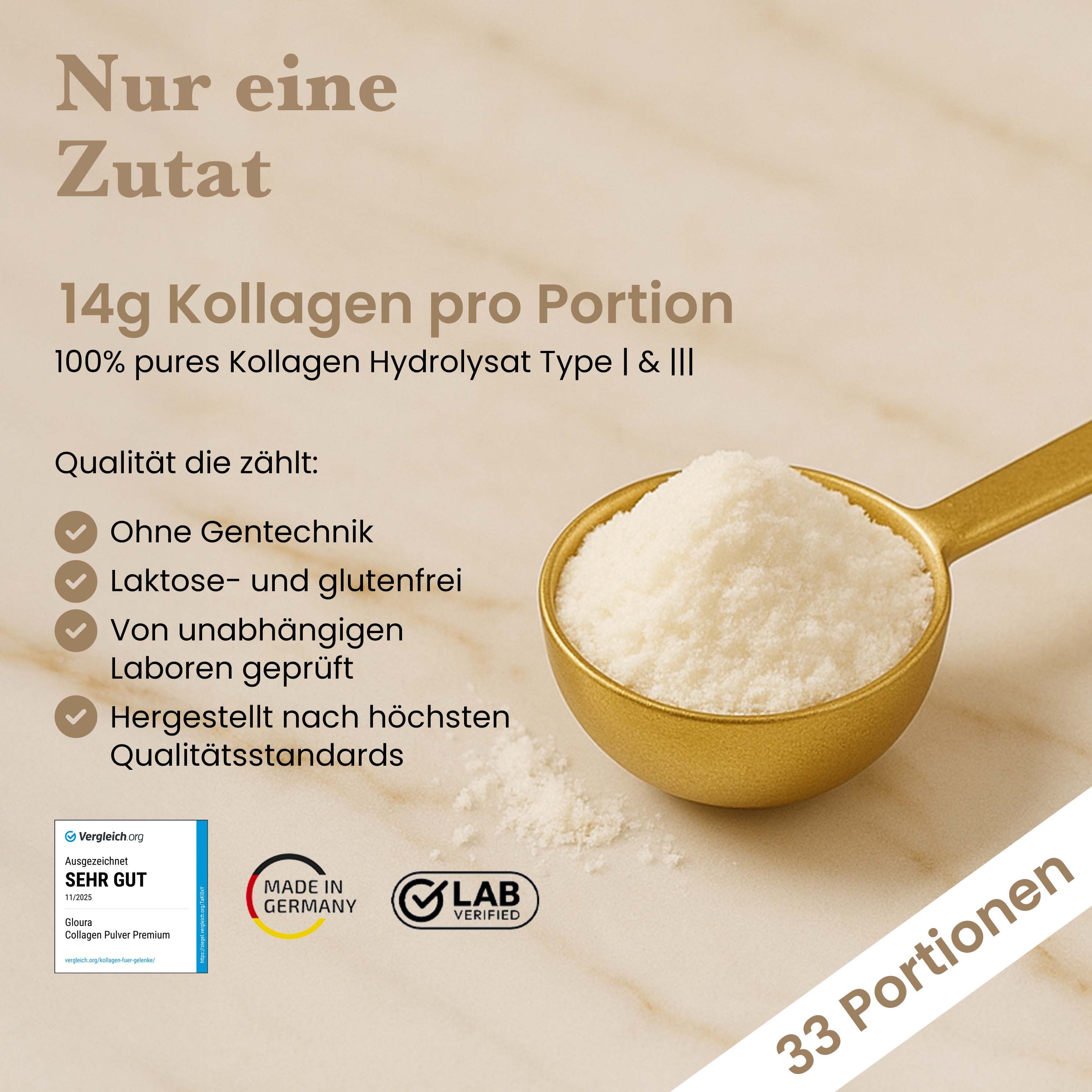 Goldener Löffel mit Pulver. Text: 14g Kollagen pro Portion, ohne Gentechnik, laktose- und glutenfrei.