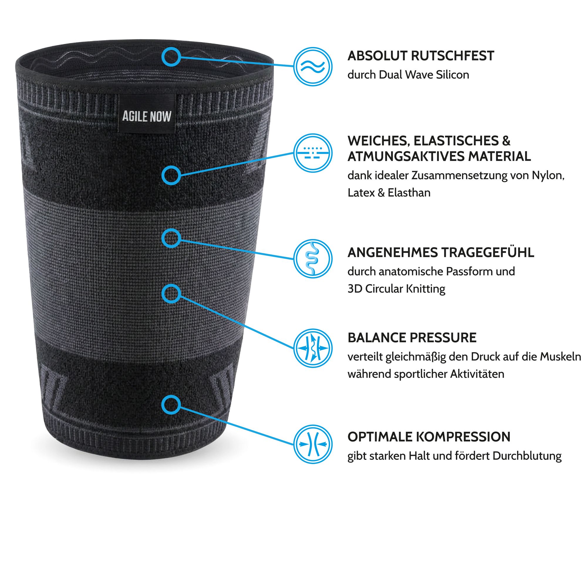 Nahaufnahme einer Oberschenkelbandage. Text: Absolut rutschfest, weiches, elastisches & atmungsaktives Material, angenehmes Tragegefühl.