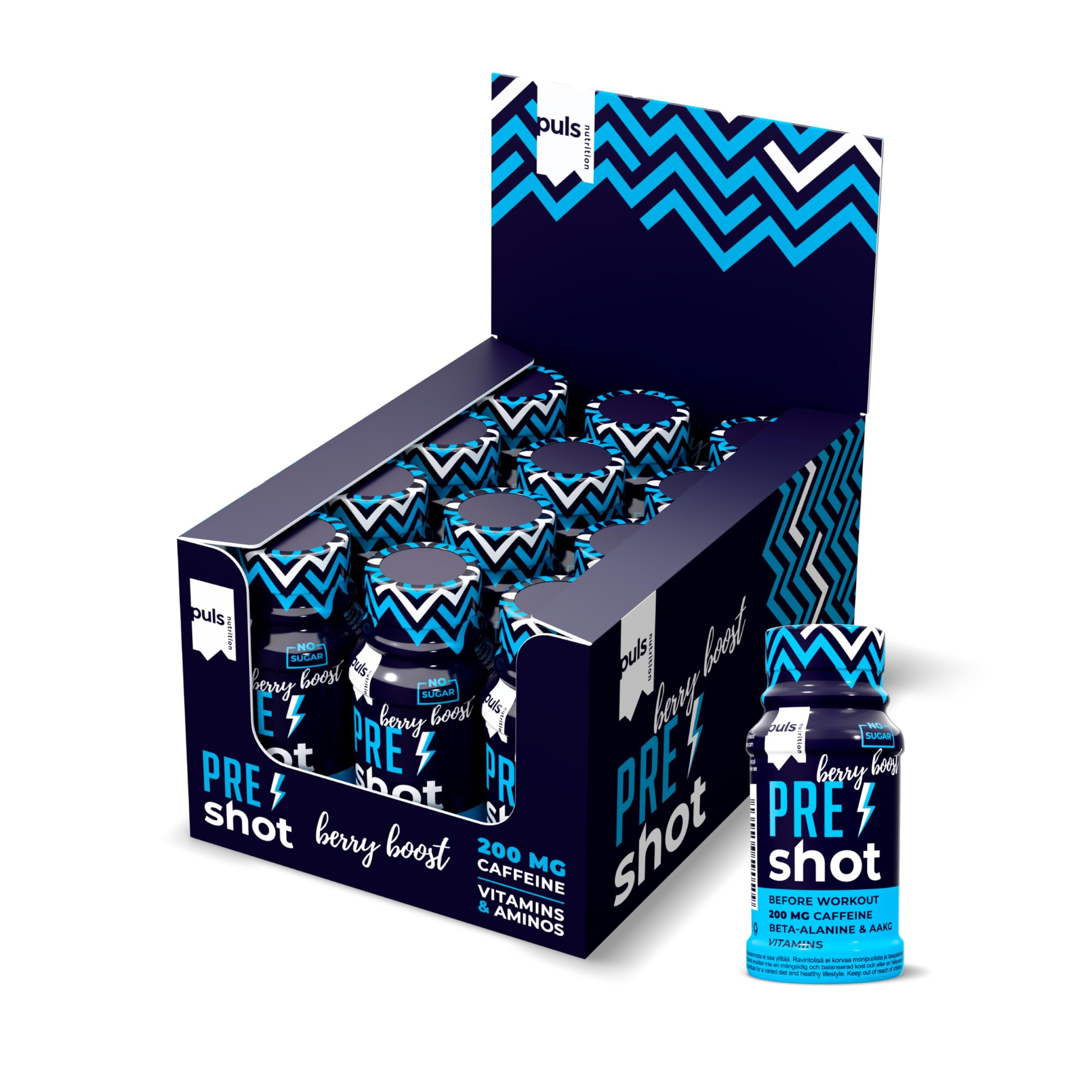 Karton mit Pre-Workout-Shots, ein Shot daneben.