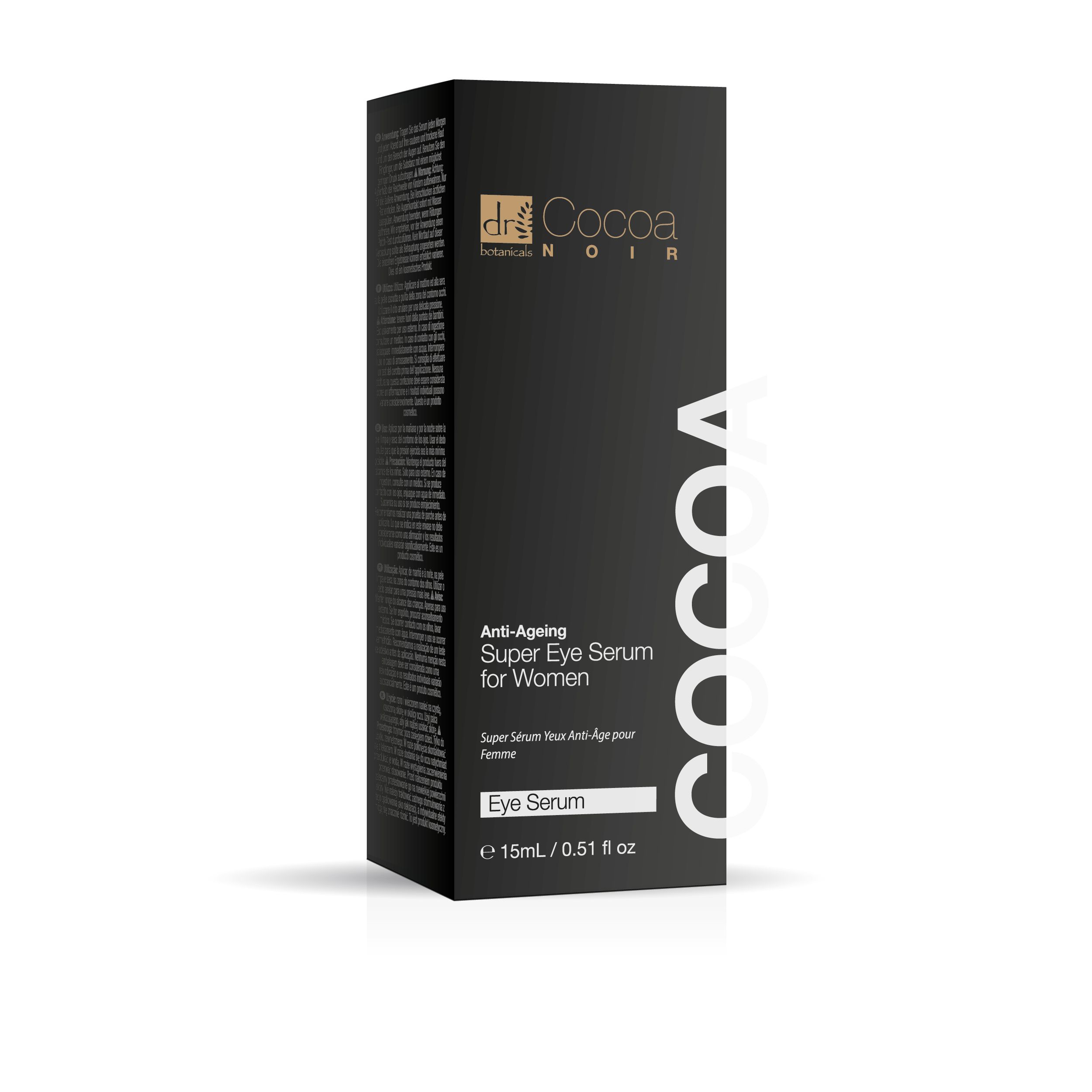 Schwarze Verpackung mit Text: Anti-Ageing Super Eye Serum for Women. Marke: Dr Botanicals Cocoa Noir. Flasche mit Pipette.