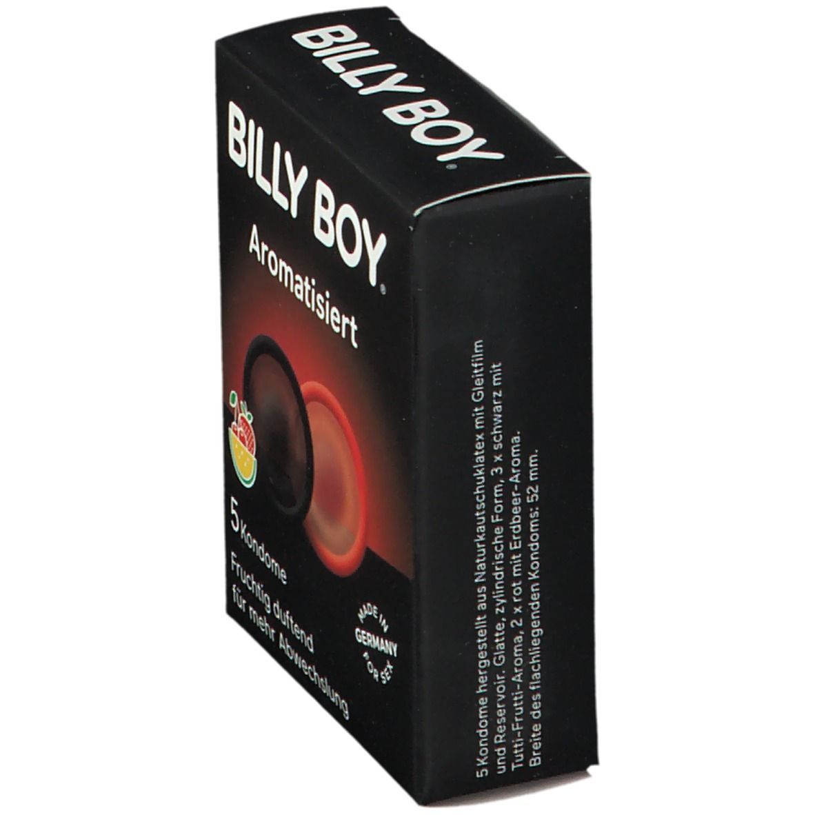 Schwarze Schachtel mit Kondomen. Aufschrift: BILLY BOY, Aromatisiert, 5 Kondome. Kondome abgebildet.