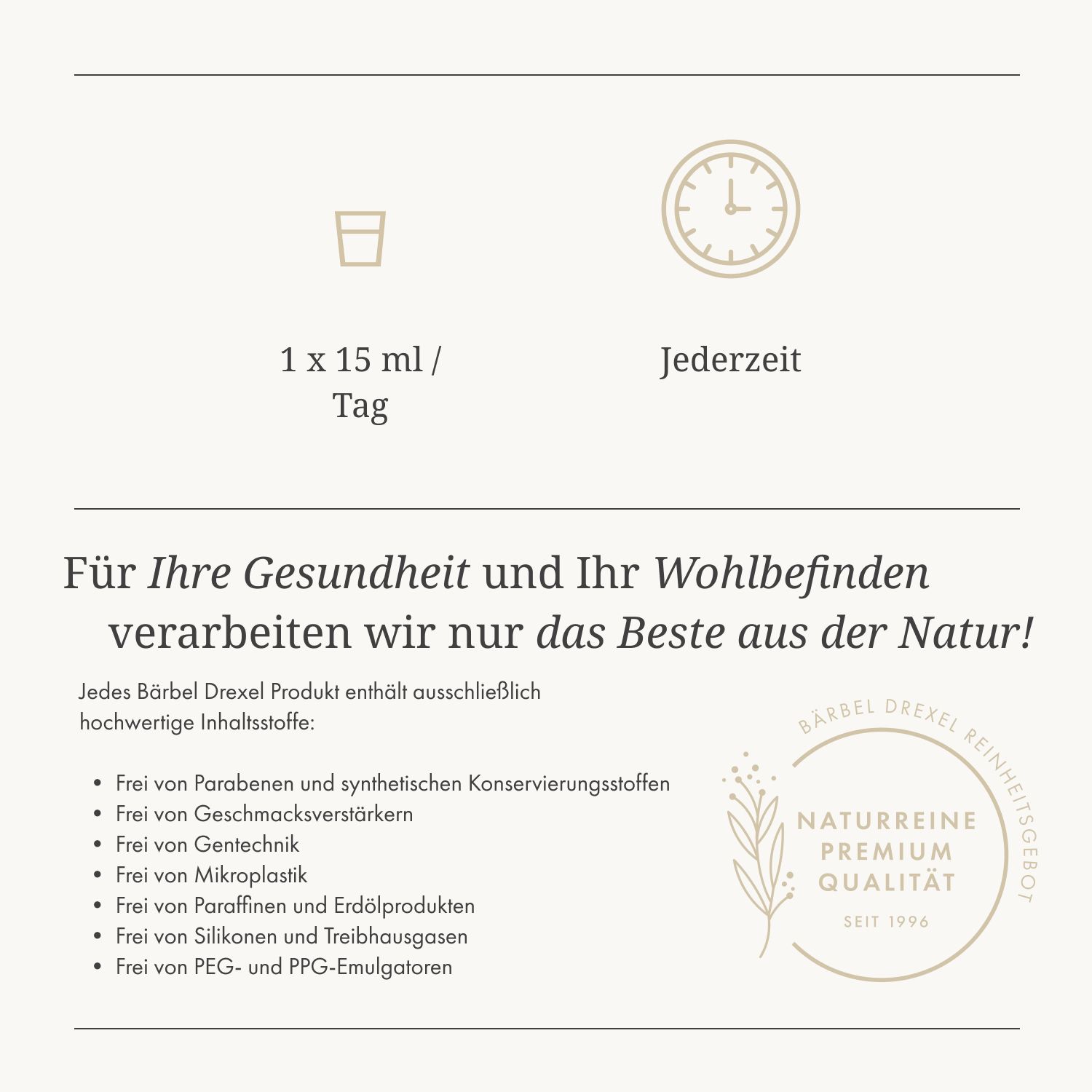 Text-Infografik mit Informationen über das Produkt. Enthält Logos und Text über Inhaltsstoffe und Qualität. "Naturreine Premium Qualität" ist lesbar.