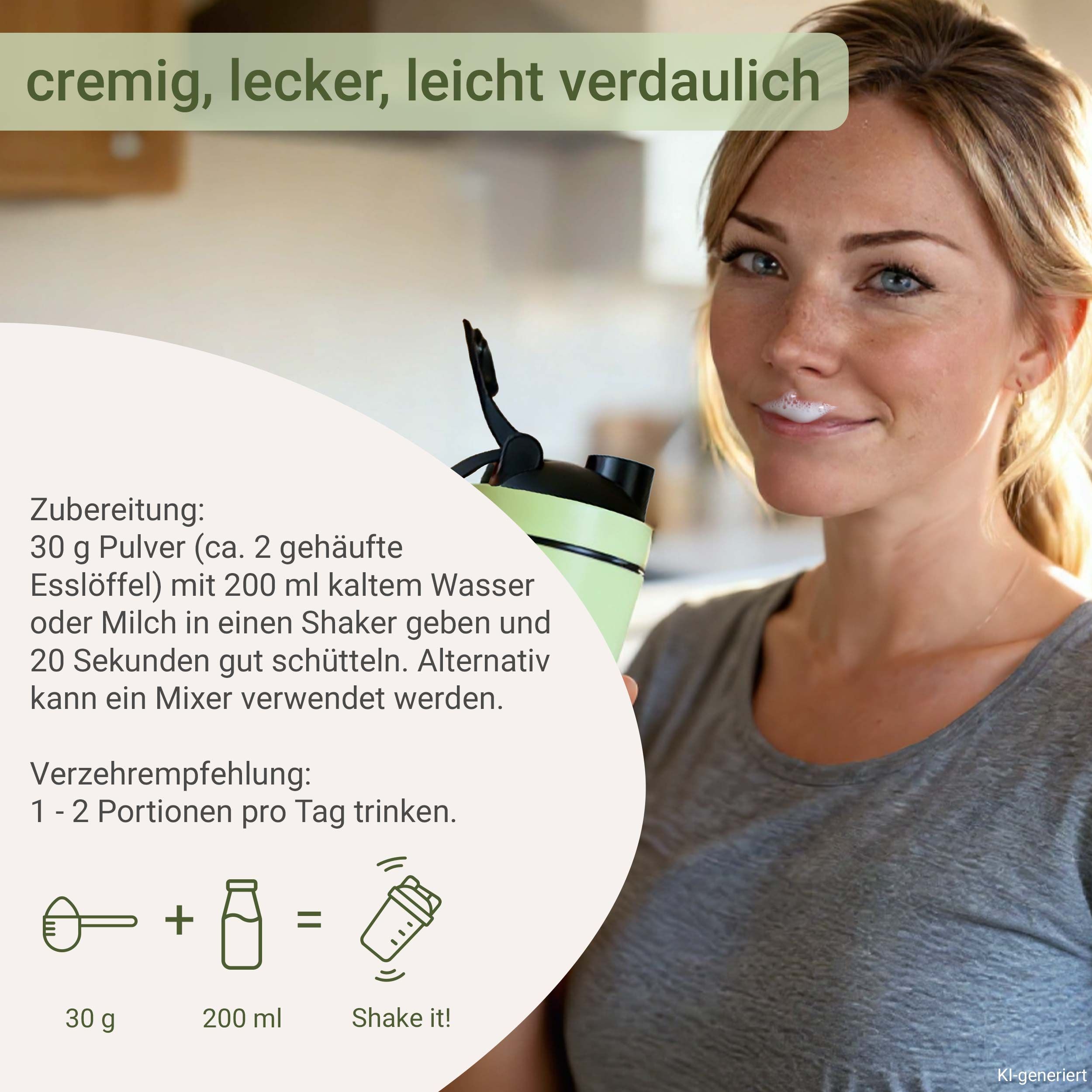 Frau mit einem grünen Shaker und Milchbart, daneben Zubereitungshinweise für Pulver.