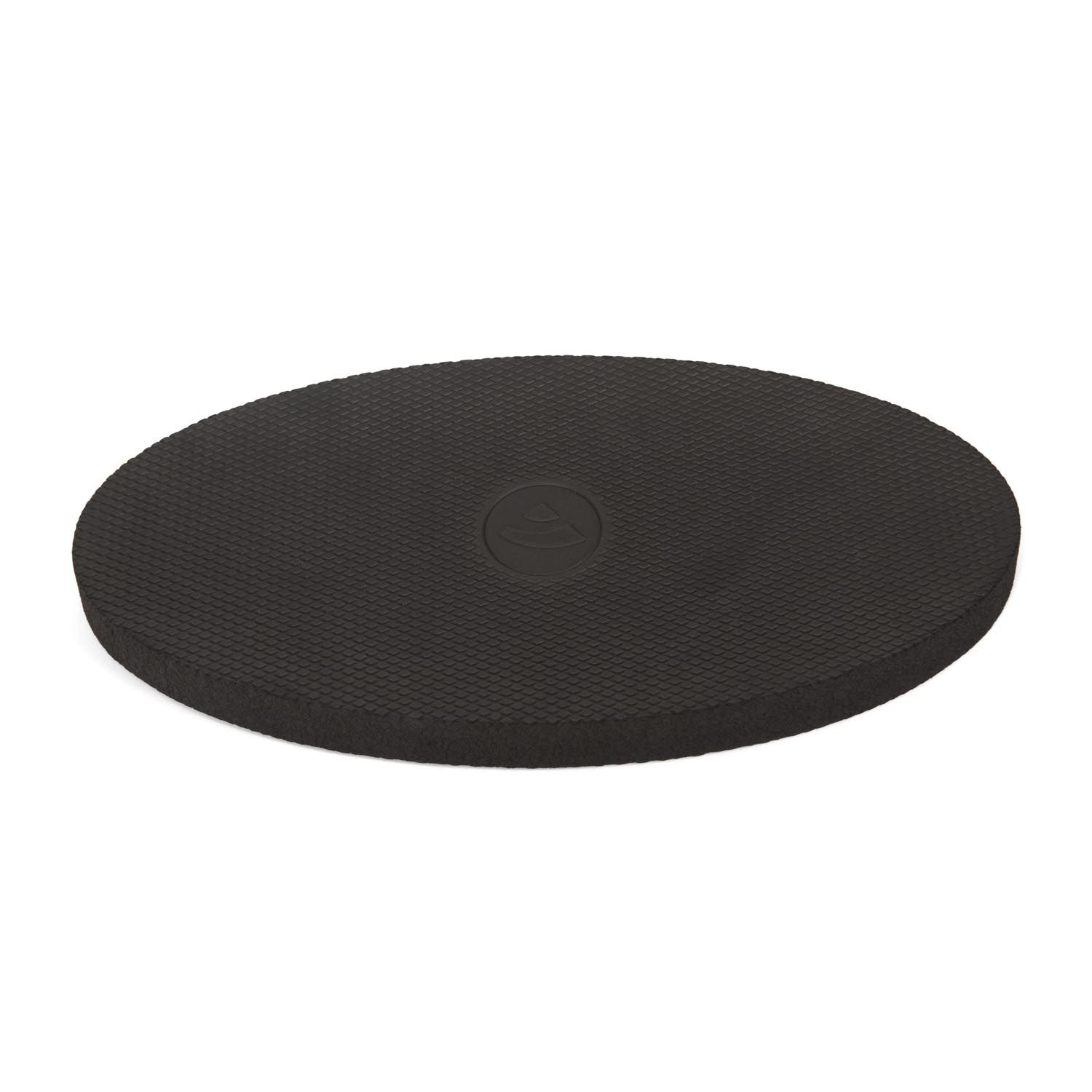 Schwarzes, ovales Yoga-Pad aus EVA-Schaum mit Rautenmuster und Logo.