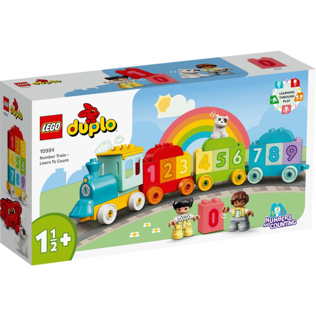 LEGO DUPLO Zahlenzug. Zug mit Lok, Waggons mit Zahlen 1-9, Figuren und Bausteinen. Verpackung mit Produktabbildung.