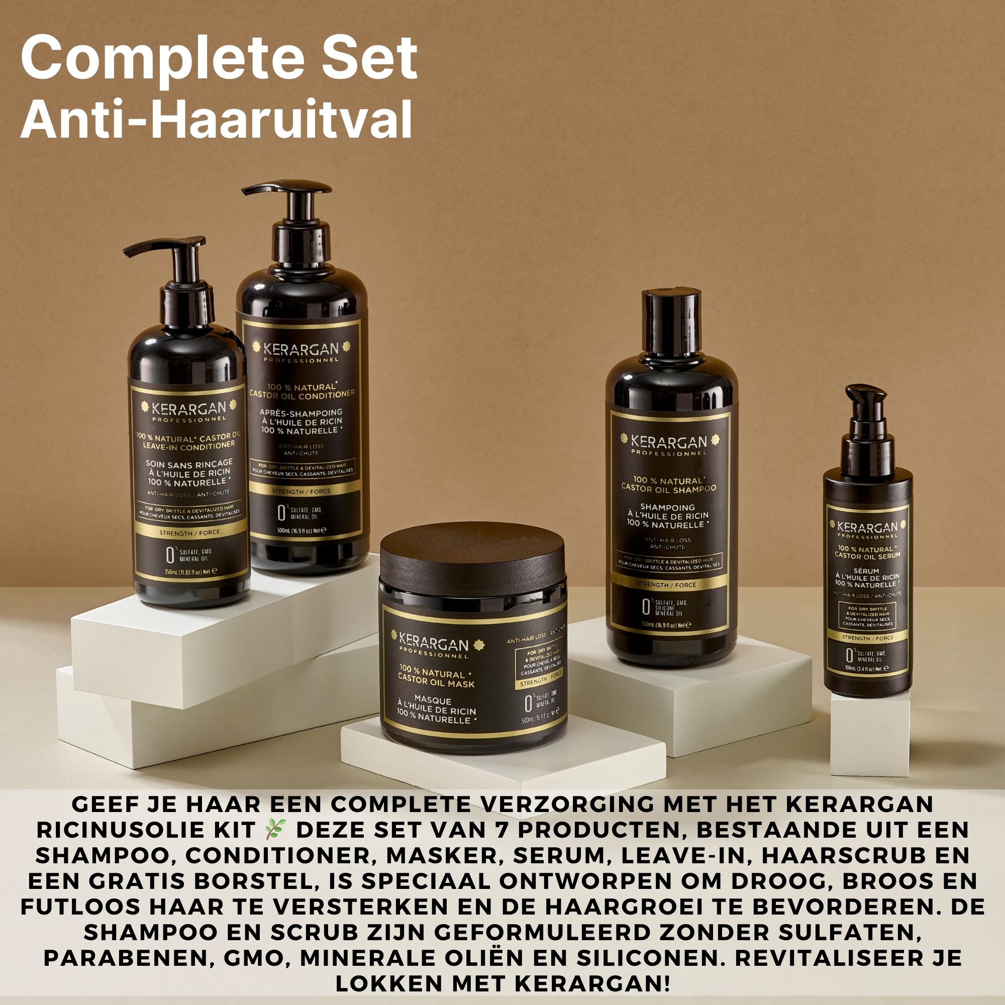 Set van zeven Kerargan-producten. Zwarte flessen en potten met etiketten. Bevat shampoo, conditioner, masker, serum, leave-in.