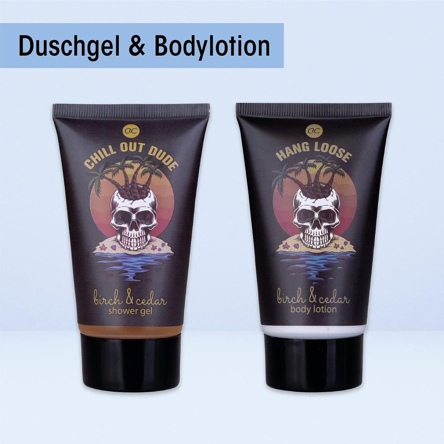 Zwei Tuben Duschgel und Bodylotion. Aufdruck: Totenkopf mit Palmen. Aufschrift: CHILL OUT DUDE, HANG LOOSE. Farben: braun, weiß.