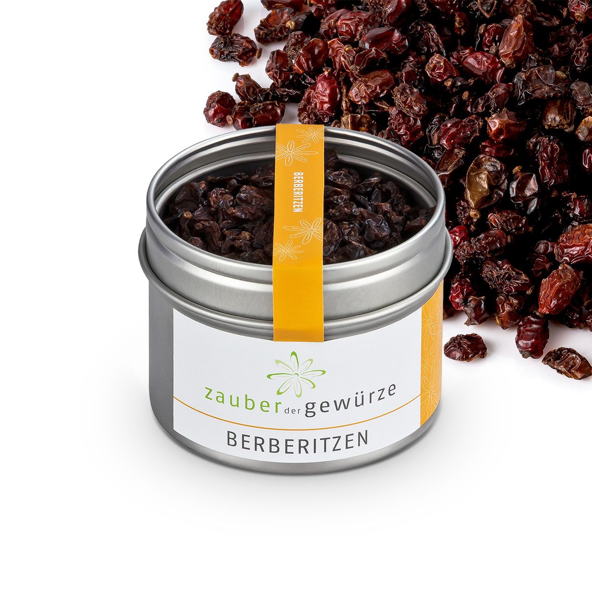 Zylindrische Dose mit Berberitzen, umgeben von Berberitzen. Aufkleber mit Produktname und Logo. Gelber Streifen.