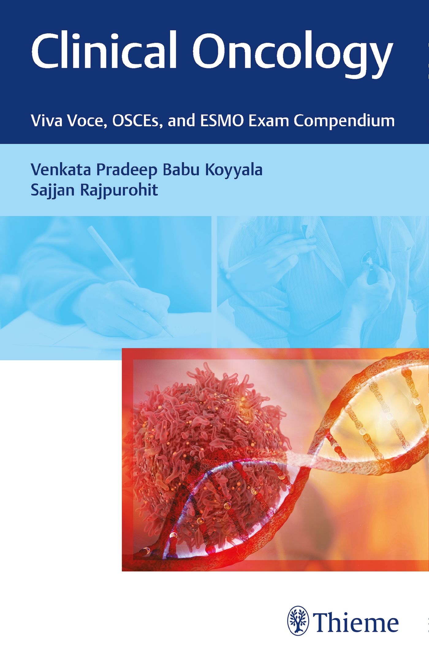 Buchcover "Clinical Oncology". Titel, Autoren, und Abbildung einer Krebszelle und DNA-Strang. Verlag Thieme.