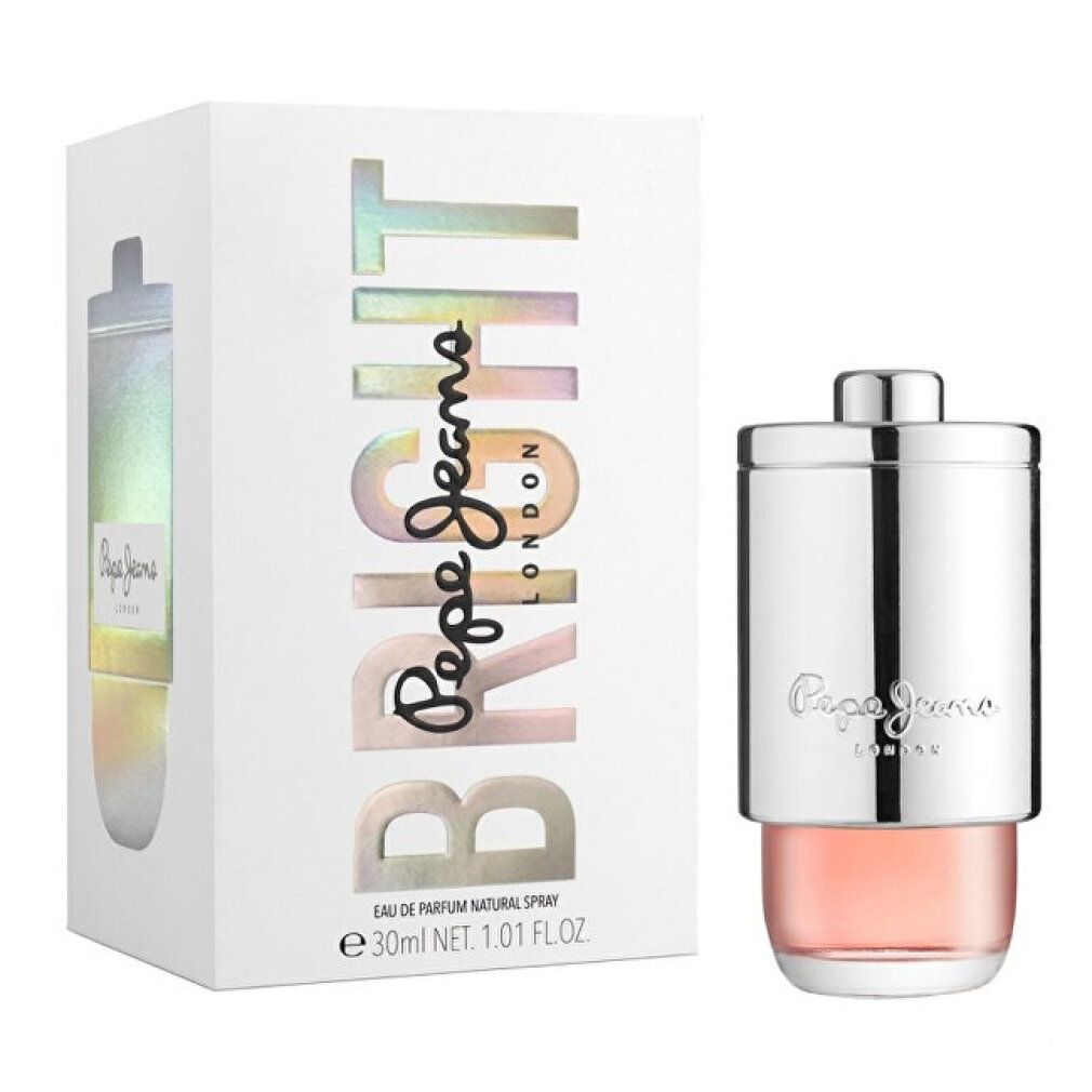 Parfümflakon und Verpackung. Flakon mit silberner Kappe und rosa Flüssigkeit. Verpackung mit Aufschrift "BRIGHT" und "Pepe Jeans London".