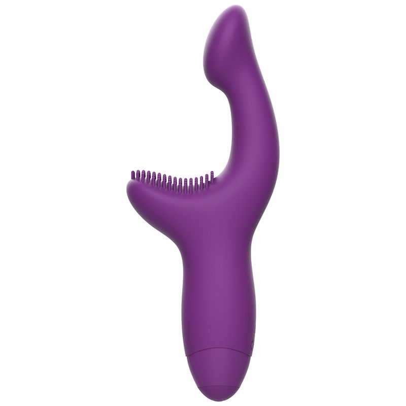 Lila Vibrator mit gebogener Form. Oberteil mit Noppen. Glatte Oberfläche. Aufrecht stehend.