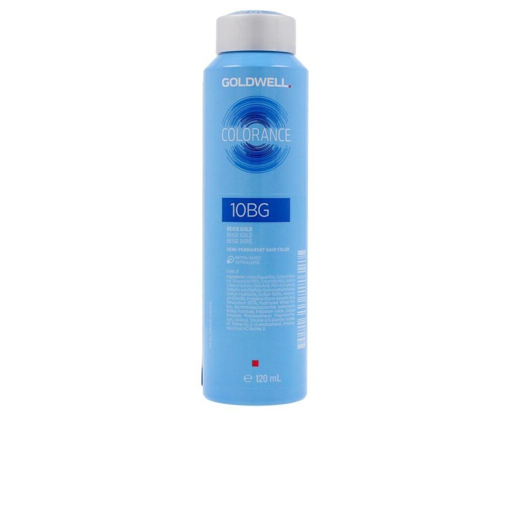 Hellblaue Flasche mit weißem Deckel. Aufschrift COLORANCE 10BG. Marke GOLDWELL.