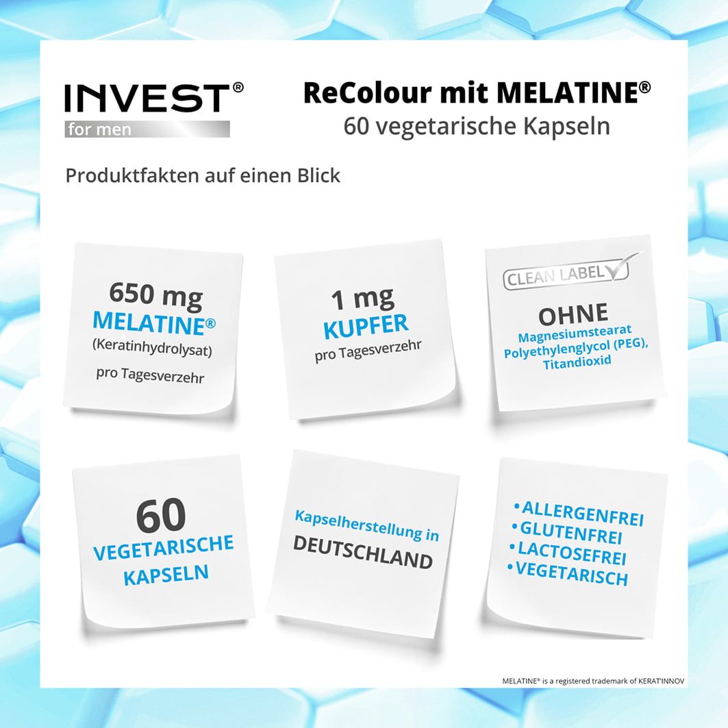 Produktinformationen von INVEST ReColour Kapseln. 60 vegetarische Kapseln. Inhaltsstoffe: Melatine, Kupfer, ohne Magnesiumstearat, PEG, Titandioxid.