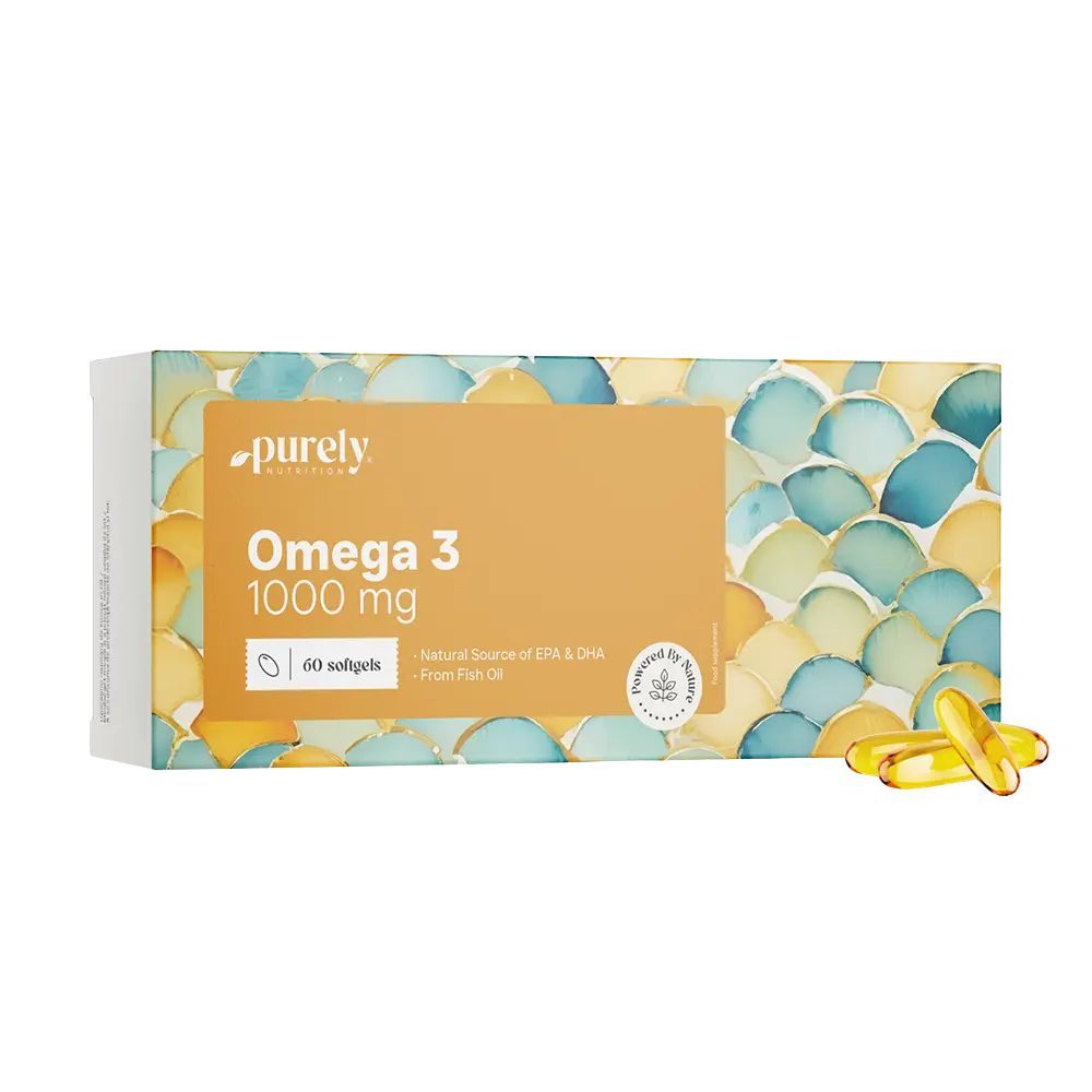Verpackung von Omega-3 1000 mg Kapseln. Enthält 60 Softgels. Gelbe Kapseln liegen daneben.