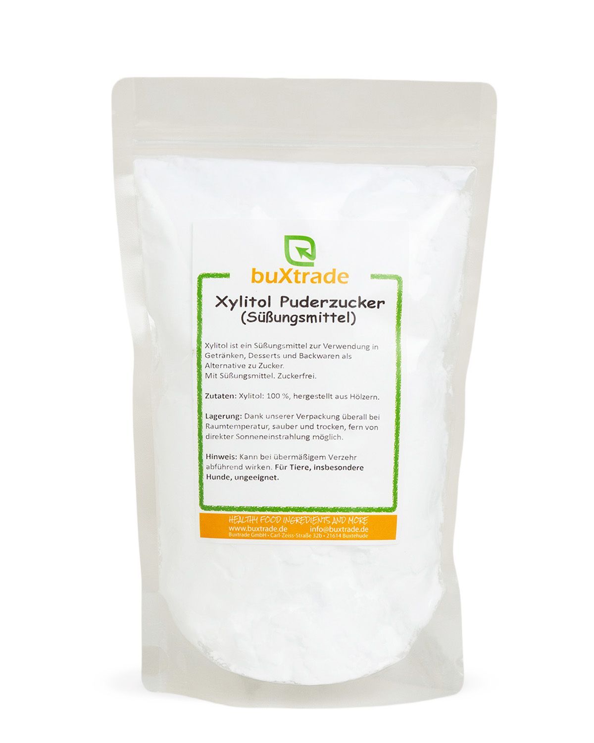 buXtrade Xylitol Puderzucker in einem weißen Standbeutel mit Etikett.