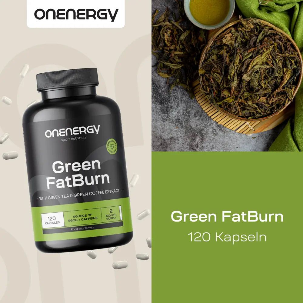 Flasche "OnEnergy Green FatBurn" mit 120 Kapseln. Grüne Teeblätter und Schüssel. Text: 120 Kapseln.