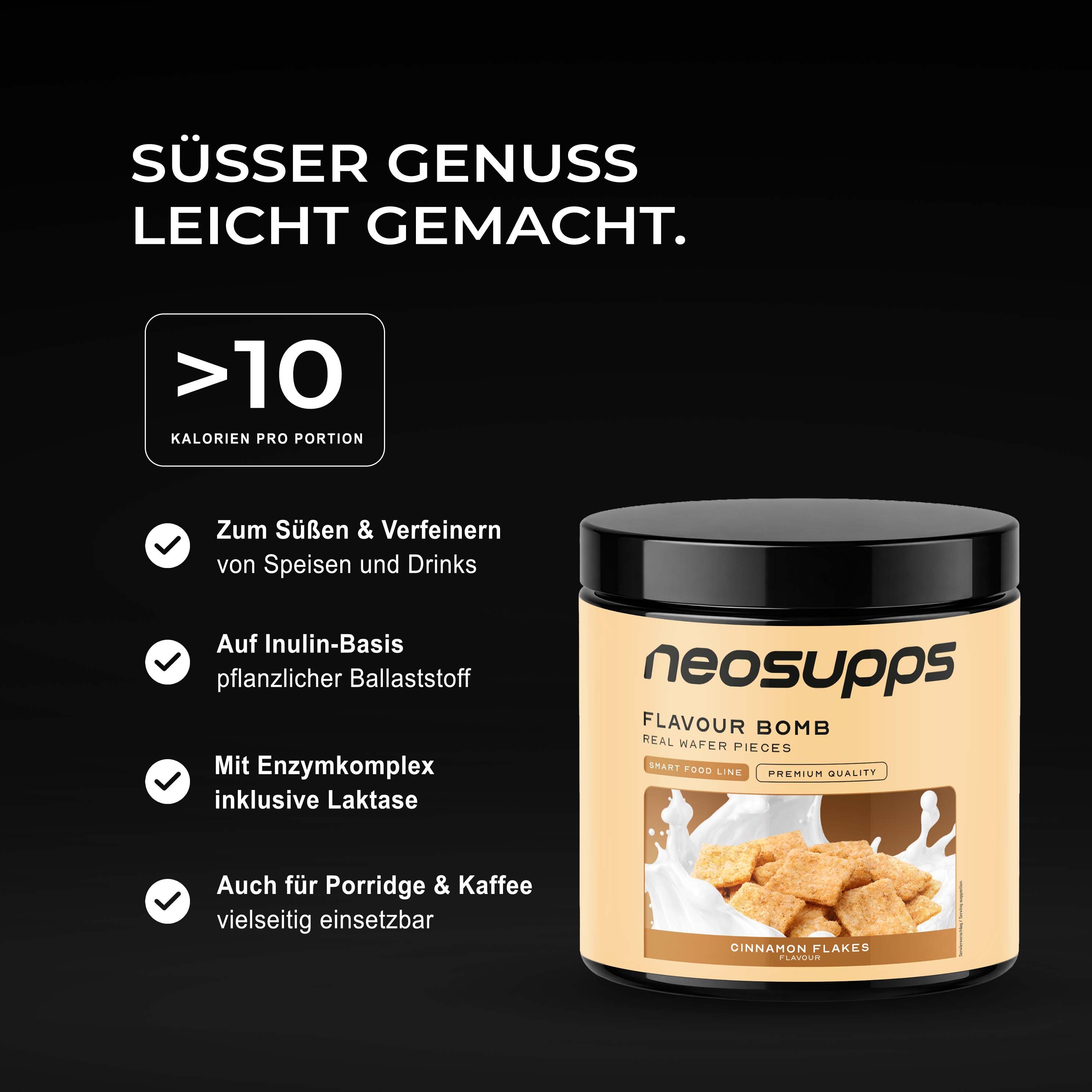 Neosupps Geschmackspulver Dose mit Hinweisen zu Kalorien und Anwendung.