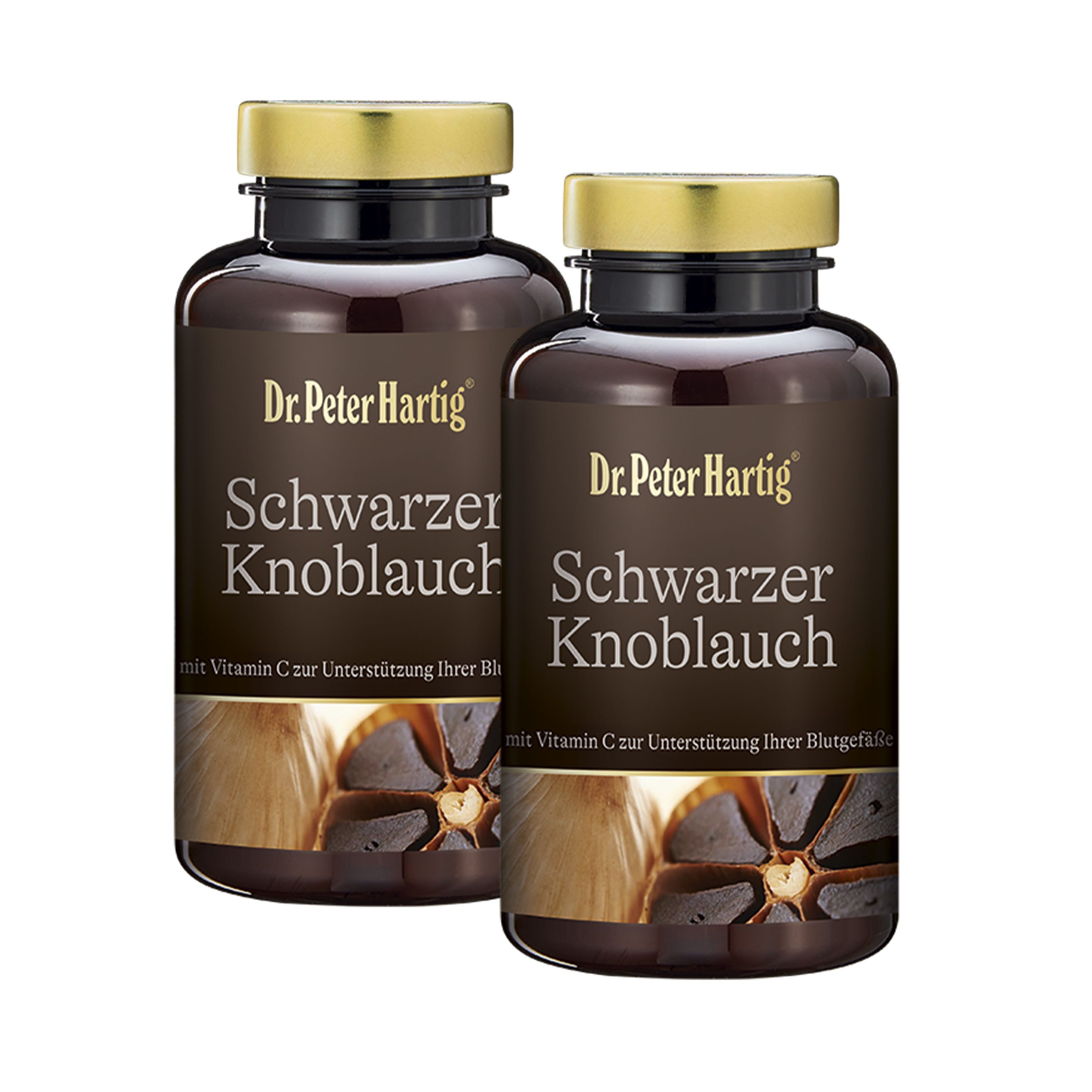 Zwei braune Flaschen mit goldfarbenen Deckeln. Aufschrift: Dr. Peter Hartig Schwarzer Knoblauch.