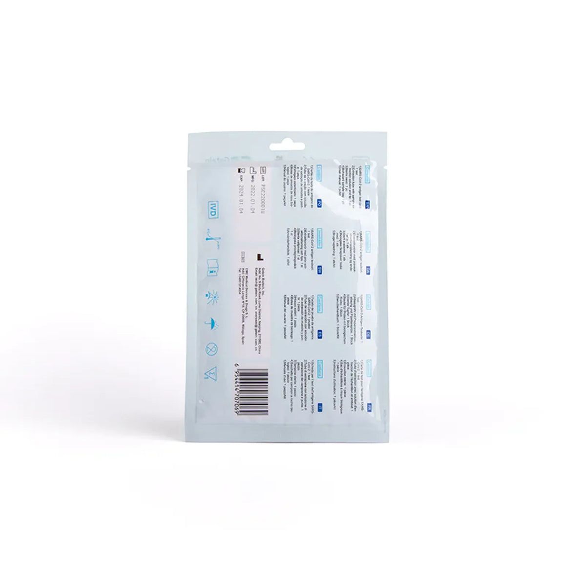 Rückseite der Getein Biotech SARS-CoV-2 Antigen Laientest-Verpackung. Text, Barcode und Symbole. Weiße Verpackung.