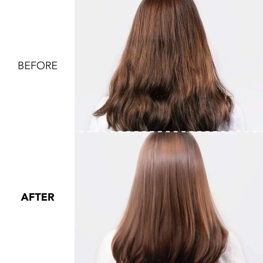 Zwei Bilder: Oben: Haare vor der Behandlung. Unten: Haare nach der Behandlung. Beide Bilder zeigen braunes Haar.