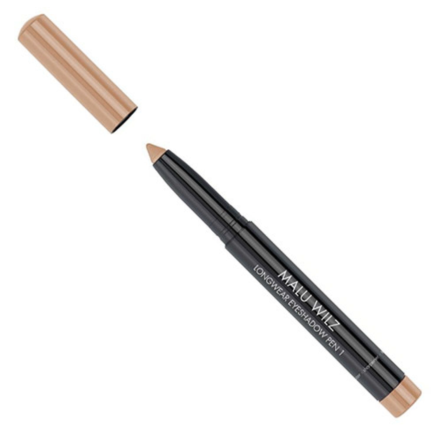 Lidschattenstift, golden, mit geöffneter Kappe. Schwarzer Stift mit weißer Schrift: MALU WILZ LONGWEAR EYESHADOW PEN 1.