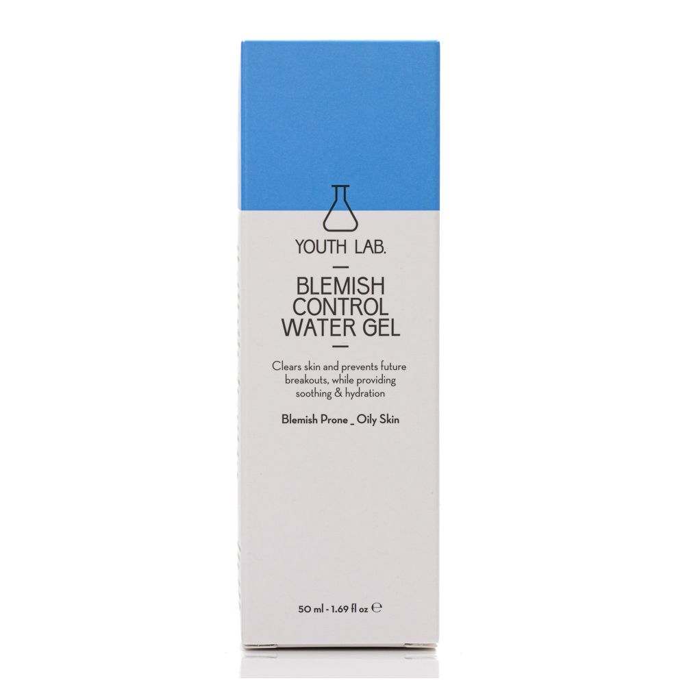 Karton mit blauem Deckel. Aufschrift: YOUTH LAB Blemish Control Water Gel. Für unreine, fettige Haut. 50 ml.