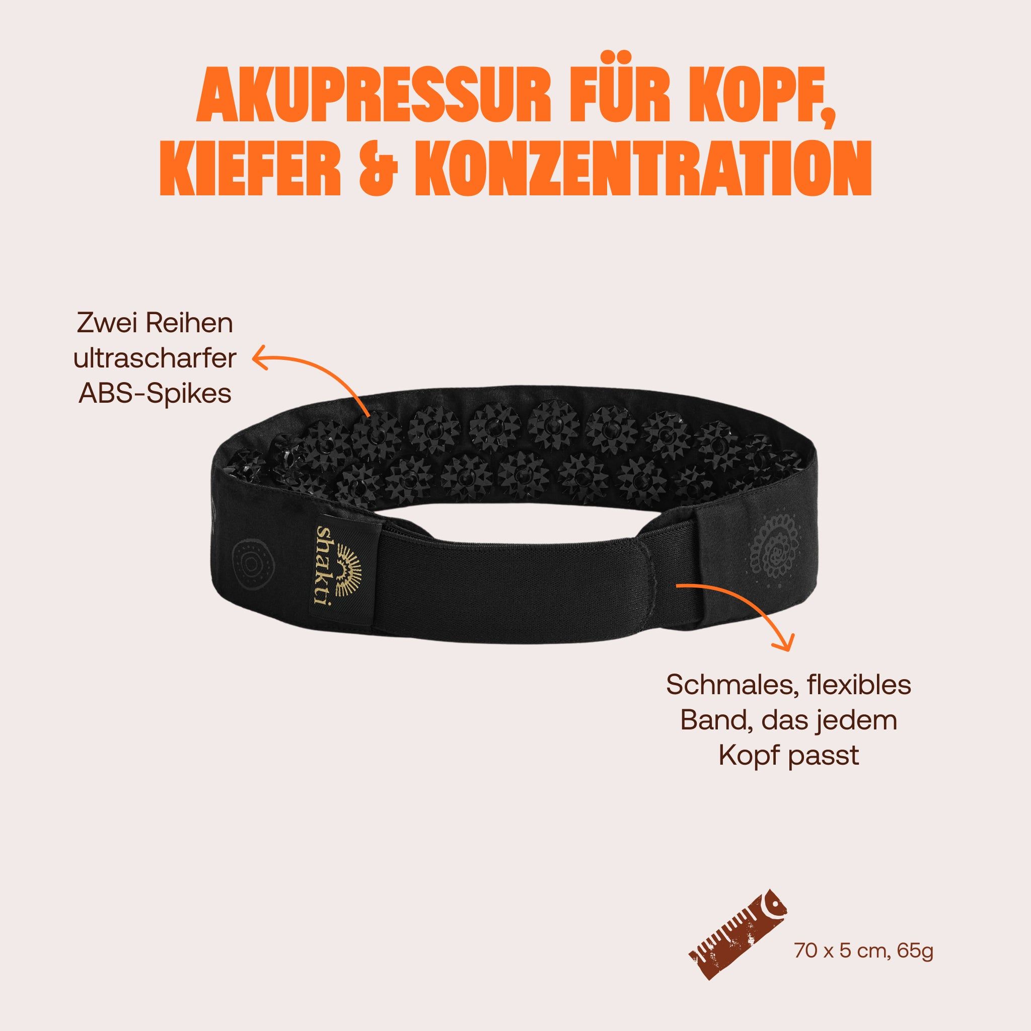 Schwarzes Akupressur-Stirnband mit zwei Reihen ABS-Spitzen und flexiblen Band.