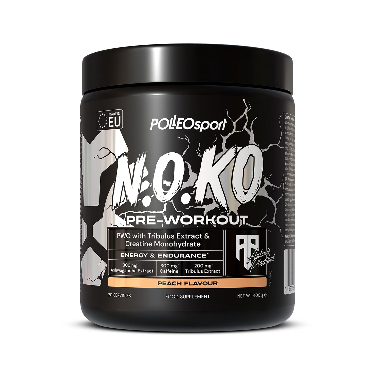 Barattolo nero N.O.KO Pre-Workout. Contiene estratto di tribulus e caffeina. Gusto pesca. Marchio Polleo Sport. Etichetta UE. Peso netto 400g.