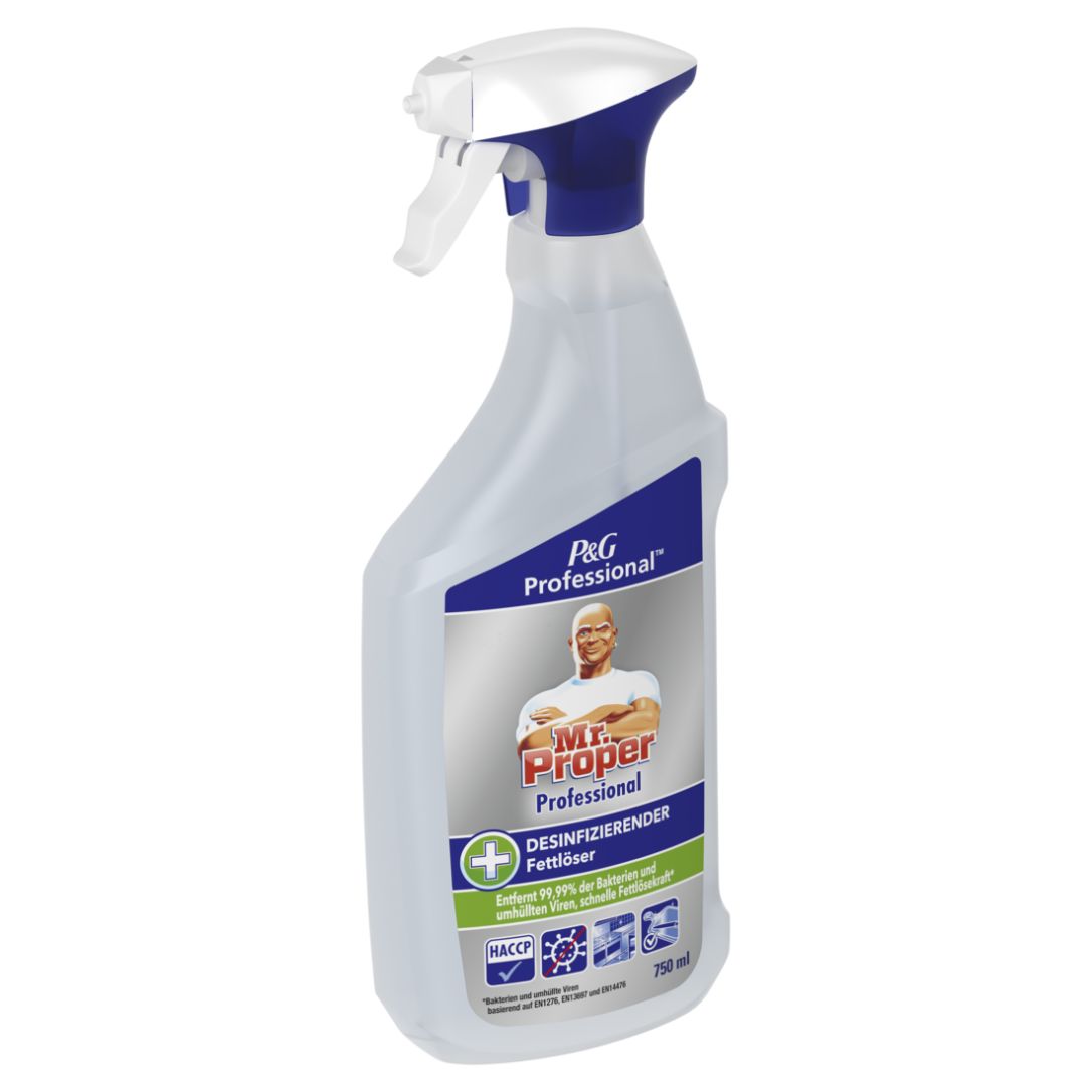 Reiniger mit Sprühkopf. Aufschrift: P&G Professional, Mr. Proper Professional Desinfizierender Fettlöser. Logo mit Mann. 750 ml.