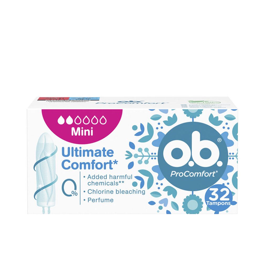 Packung mit 32 Tampons. Produktname: ProComfort Mini. Abbildung eines Tampons. Weißer Hintergrund mit floralen Elementen.