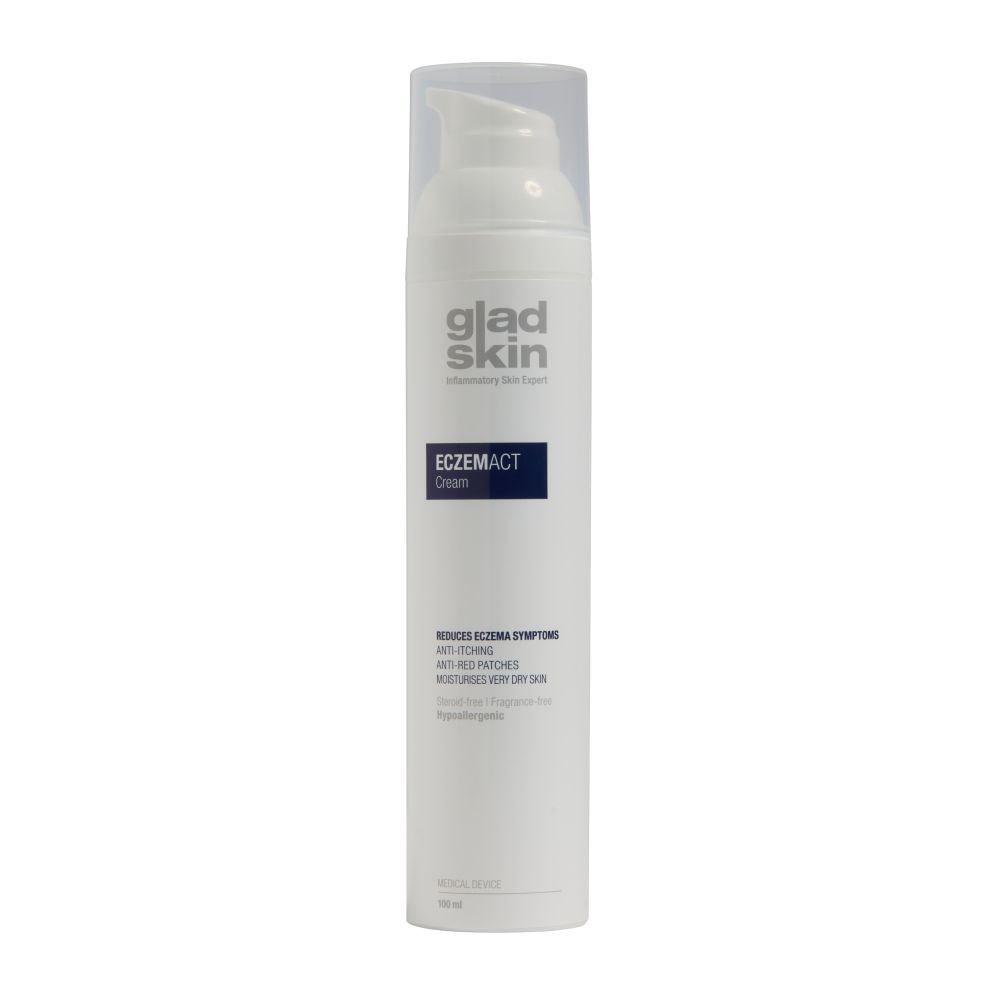 Creme-Tube mit Pumpverschluss. Aufschrift: Gladskin Eczemact Cream. Reduziert Ekzemsymptome, lindert Rötungen, befeuchtet trockene Haut.