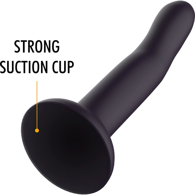 Schwarzer Dildo mit Saugnapf. Aufschrift: STRONG SUCTION CUP.