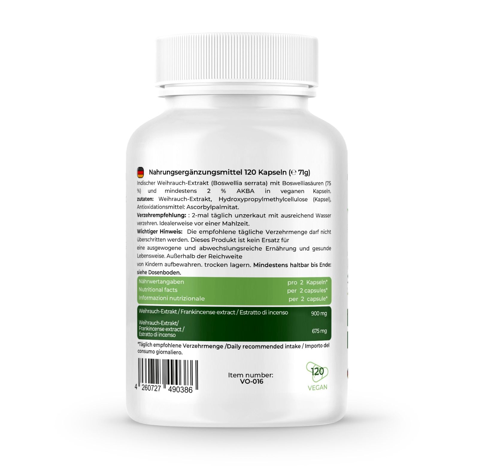 Rückseite der Flasche. Text: Nahrungsergänzungsmittel, 120 Kapseln. Inhaltsstoffe, Verzehrempfehlung, Nährwertangaben. Vegan-Siegel.