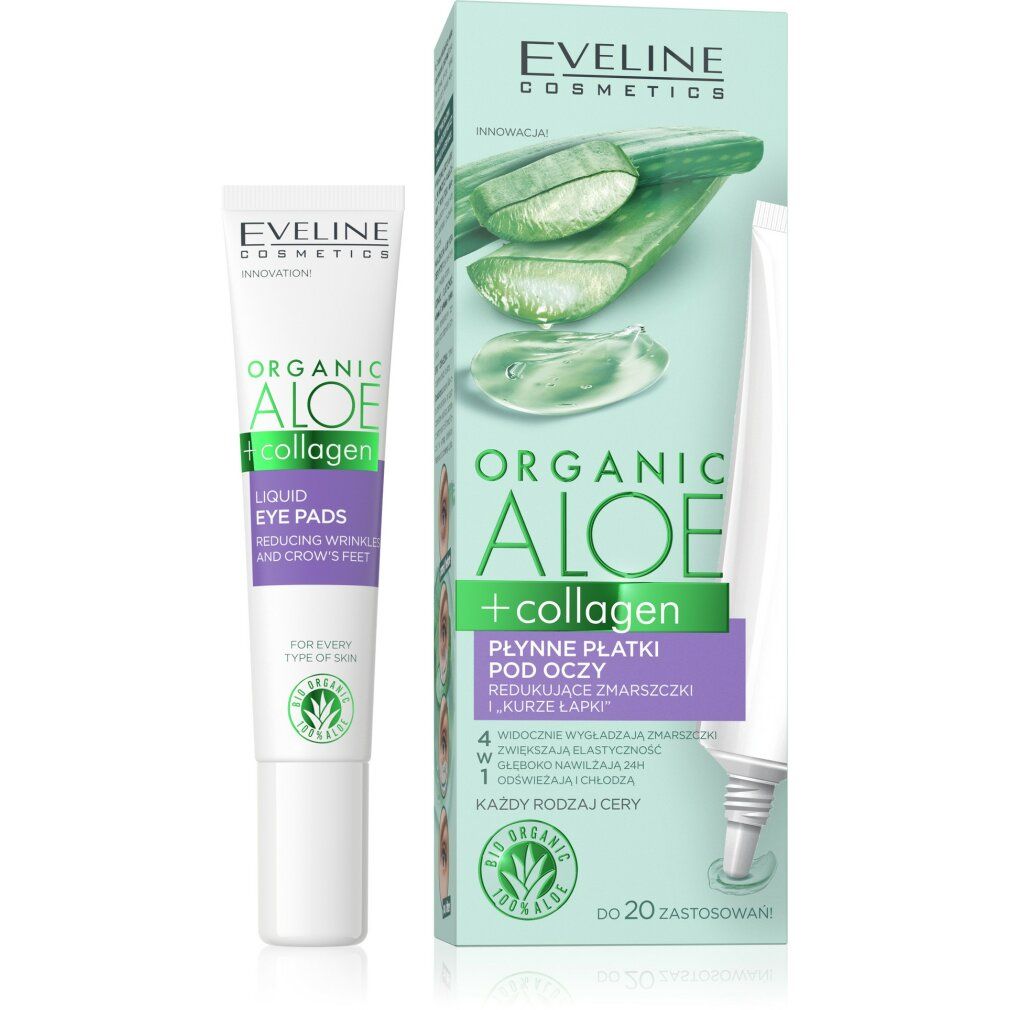 Eveline Cosmetics Augenpflaster. Tube und Schachtel mit Produktnamen und Aloe-Vera-Abbildung. Text: Organic Aloe + Collagen.