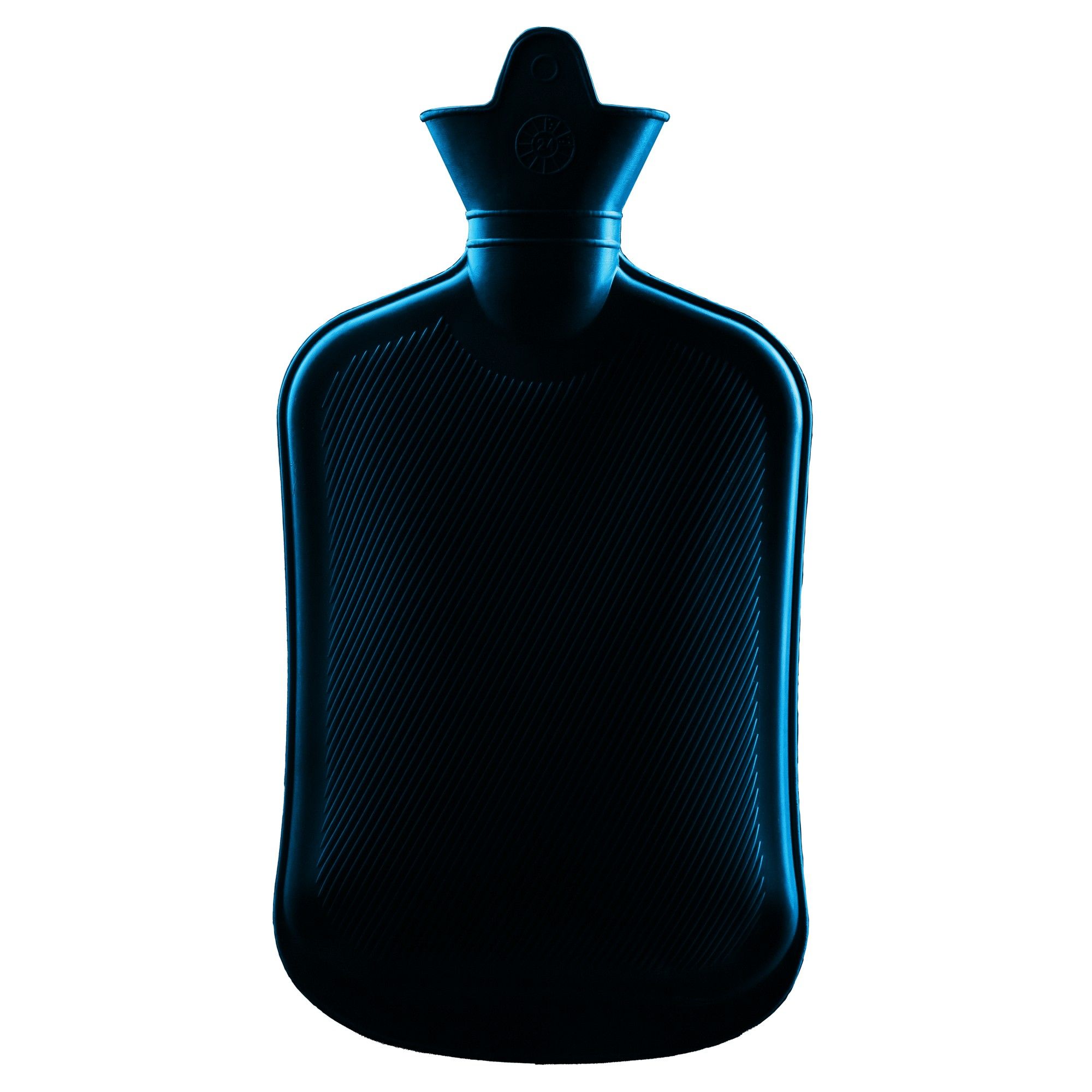 Schwarze Wärmflasche aus Gummi mit gerippter Oberfläche und Schraubverschluss.