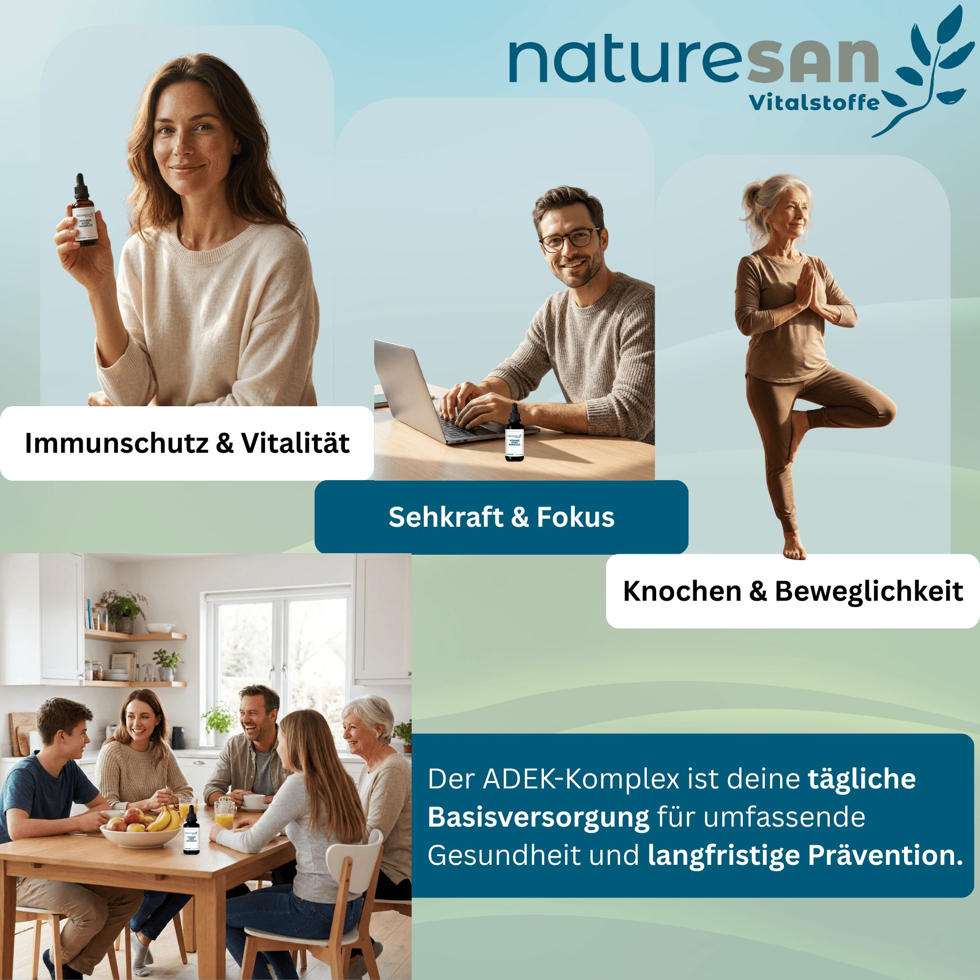 Menschen in verschiedenen Situationen. Text: Immunität & Vitalität, Sehraft & Fokus, Knochen & Beweglichkeit.