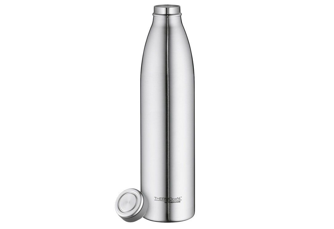 Isolierflasche aus Edelstahl. Deckel daneben. Marke THERMOS sichtbar.