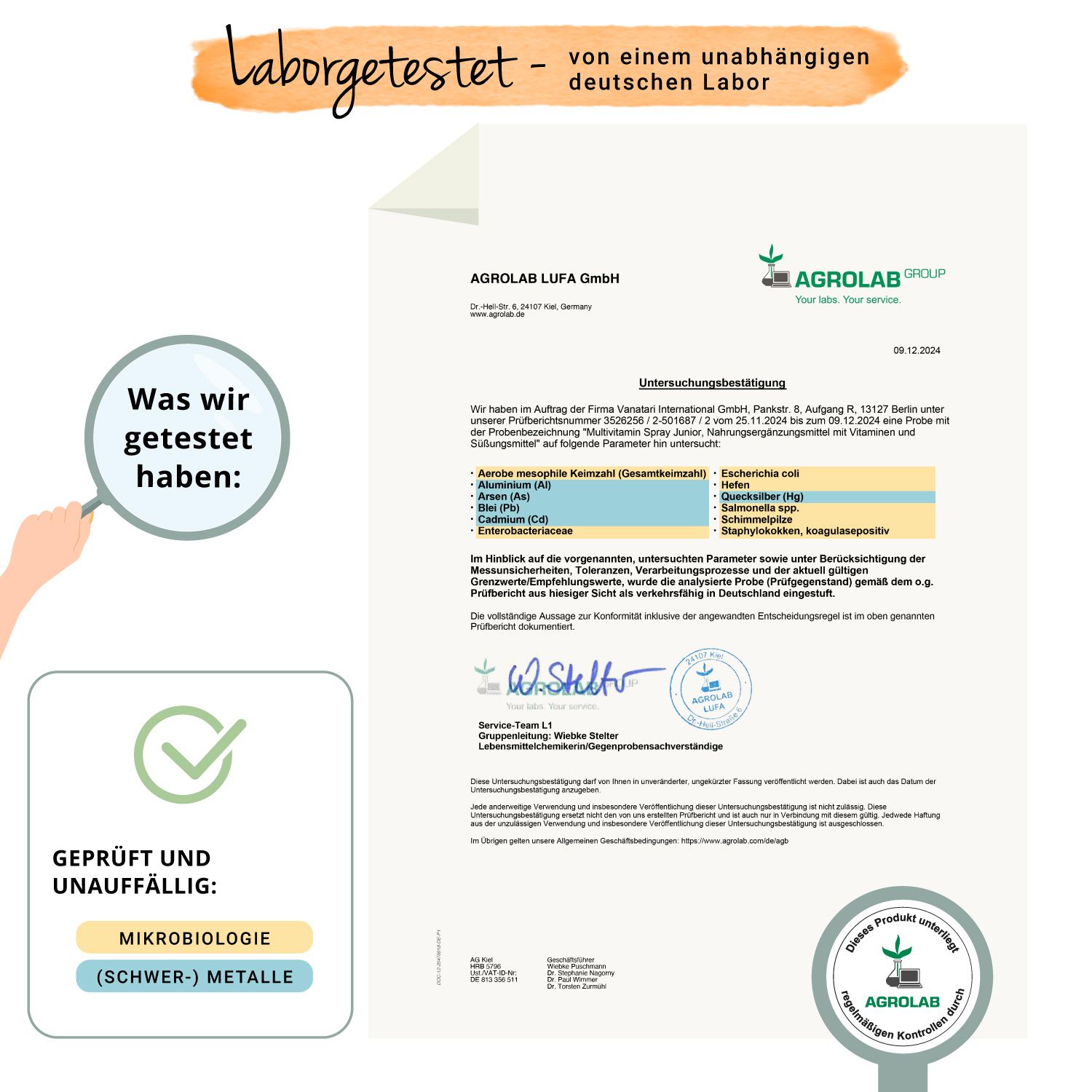 AGROLAB LUFA GmbH-Zertifikat. Dokument mit Testergebnissen für VEGAVERO Multivitamin Spray Junior. Mikrobiologie und Schwermetalle geprüft.