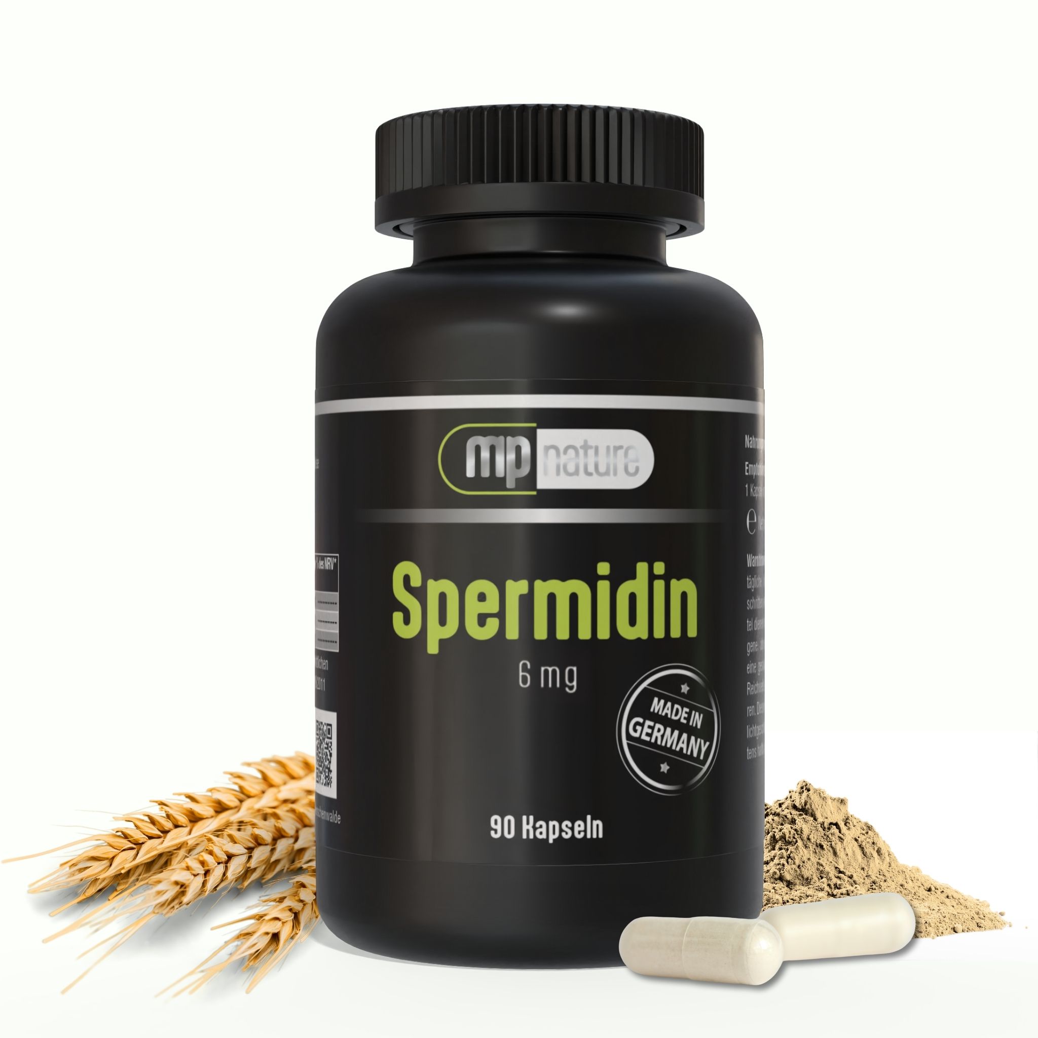 Schwarze Flasche mit Spermidin 6 mg Kapseln, MP Nature. Enthält 90 Kapseln. Mit Weizenkeim-Extrakt und Made in Germany Siegel.