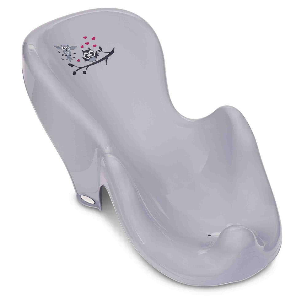 Grauer Baby-Badewanneneinsatz mit Eulen-Dekor. Ergonomische Form.