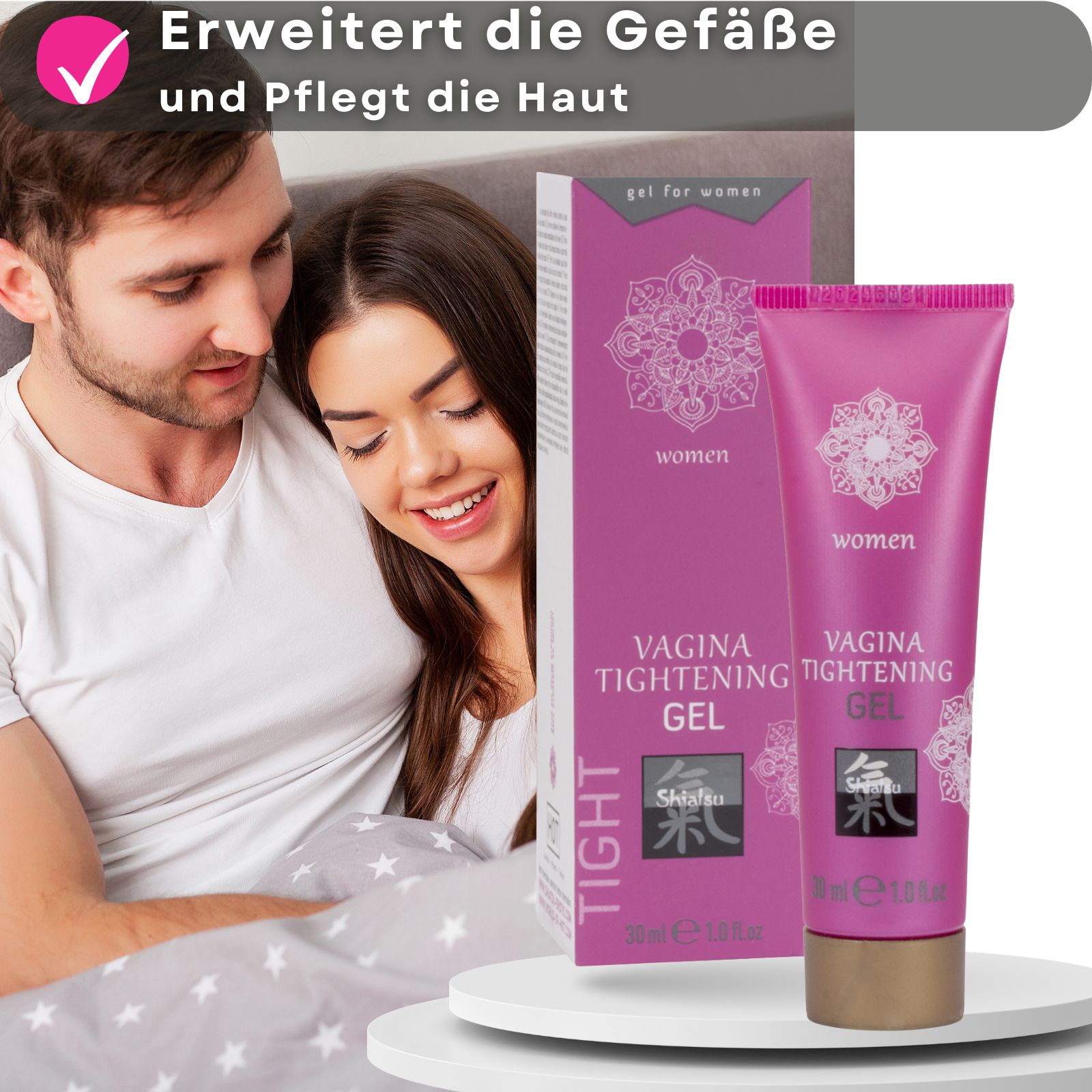 Rosa Tube und Text. Aufschrift: Vagina Tightening Gel. Abgebildet: Paar. Vorteile.