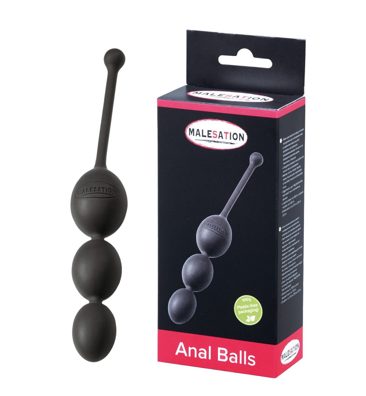 Drei schwarze Kugeln mit Stiel. Verpackung mit Produktabbildung und Schriftzug MALESATION Anal Balls.