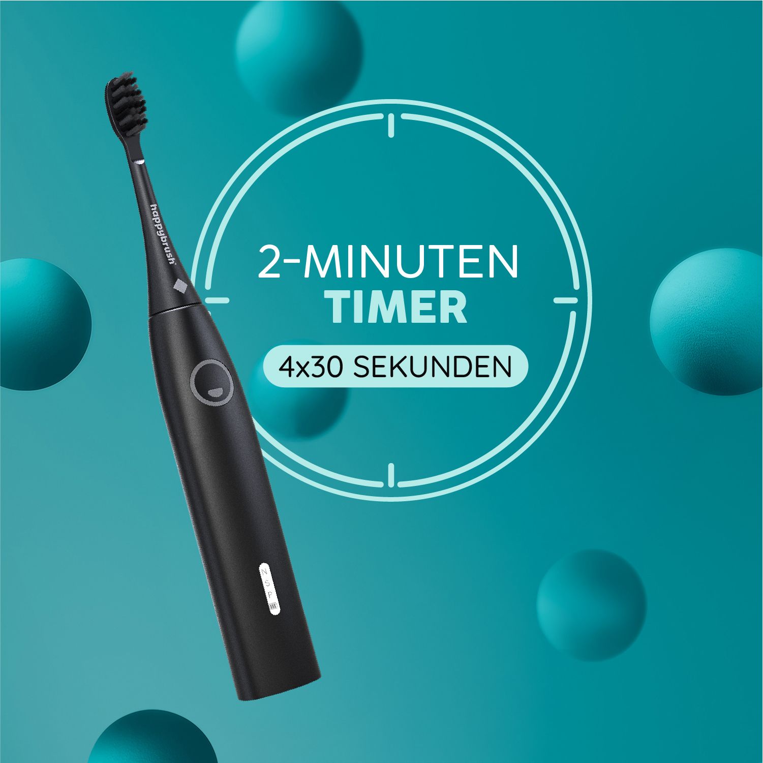 Schwarze Schallzahnbürste mit Text: '2-Minuten Timer' und '4x30 Sekunden'.