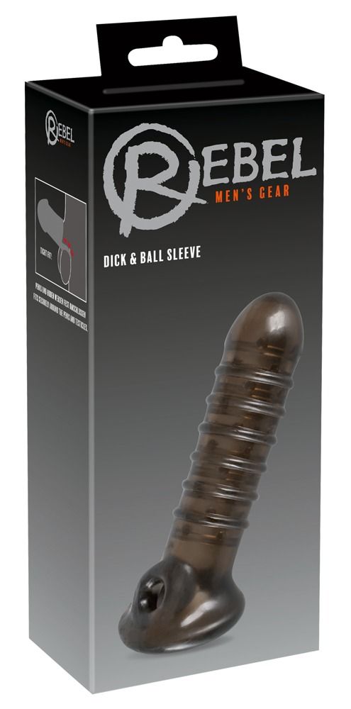 Produktverpackung. Schwarzer Karton mit Produktabbildung und Text. Marke: Rebel. Produkt: Dick & Ball Sleeve.
