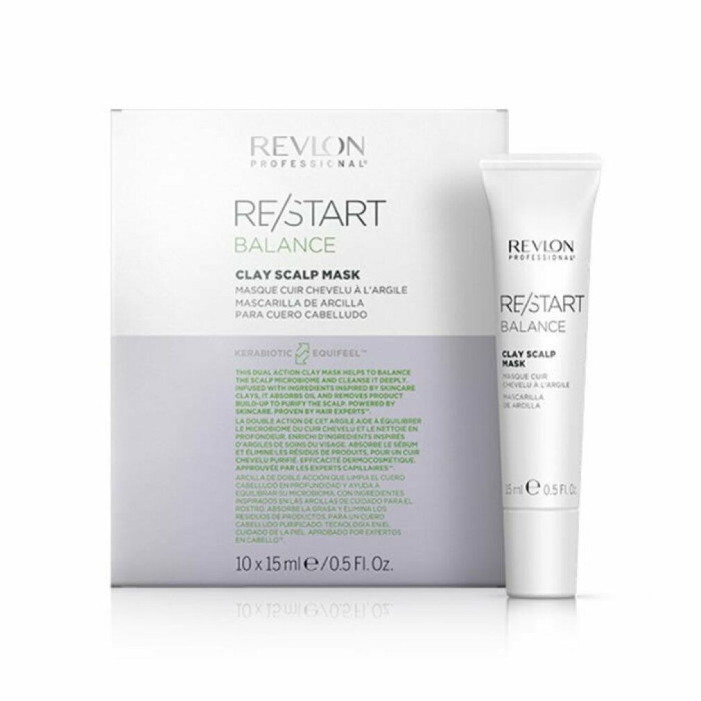 Produktverpackung mit einer Tube. Auf der Verpackung steht "Revlon Professional Re/Start Balance Clay Scalp Mask".