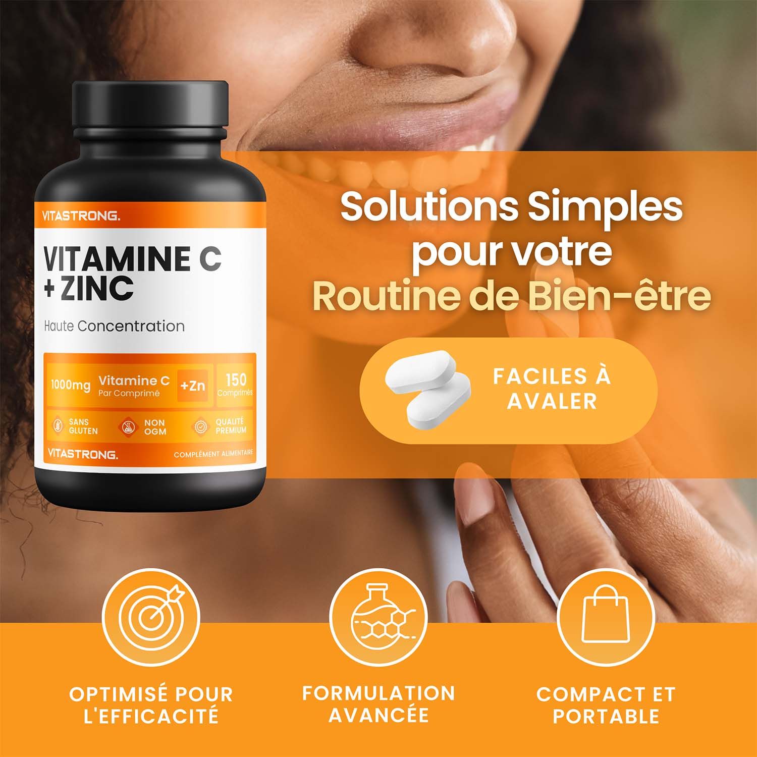 Vitastrong Vitamine C + Zinc. Bouteille et texte : Vitamine C + Zinc, 1000mg Vitamine C, 10mg Zinc. 5 mois d'approvisionnement. Qualité supérieure.
